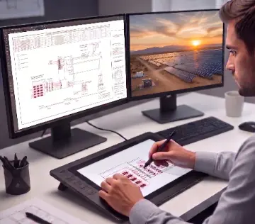 Engineer drafting an electrical system drawing on a pen display, with a solar farm on the second monitor